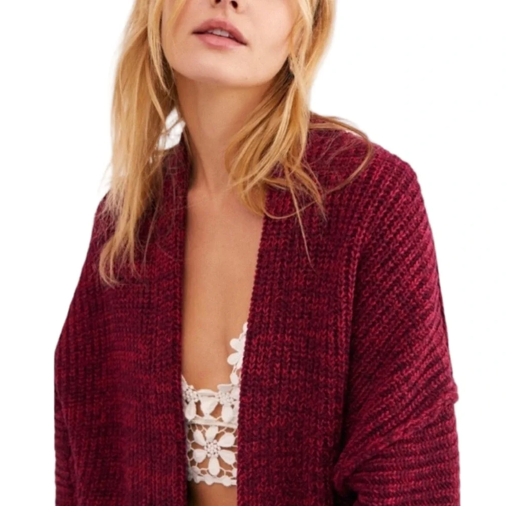 Free People Burgundy Ribbed Open Cardigan